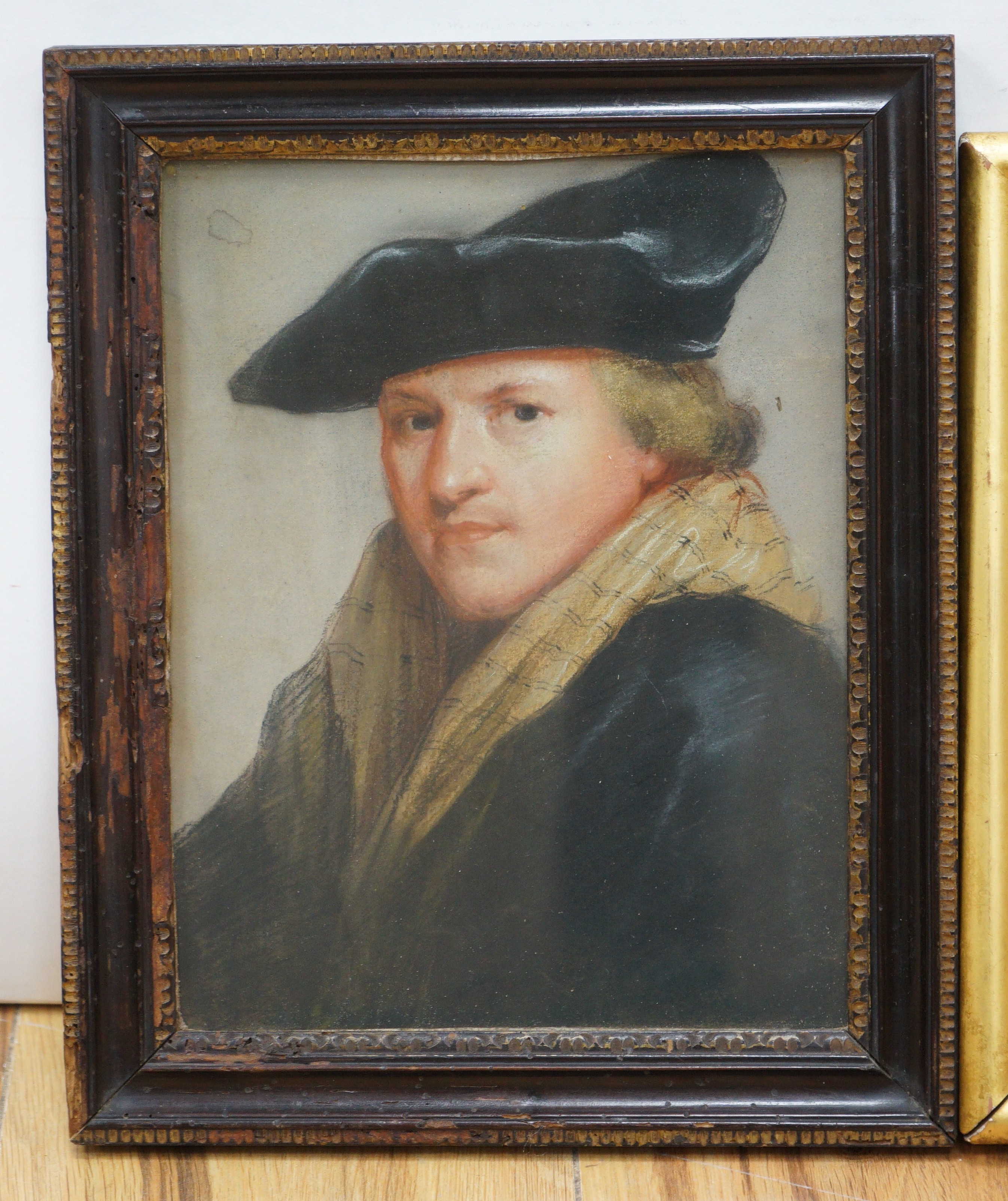 Dutch School, two pastel portraits of gentleman, one monogrammed EL, 24 x 18cm and a small watercolour of 18th century figures watching a Punch and Judy show
